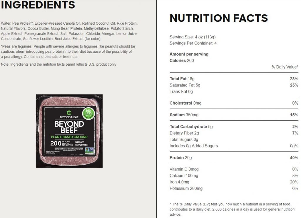 Beyond Beef ingredients and Nutrition Label