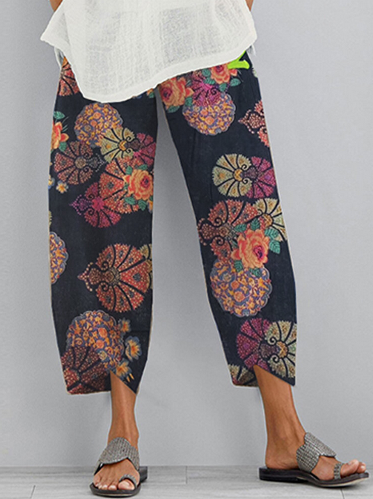 Flower Print Pockets Casual Women Lounge Elastic Waist Pants