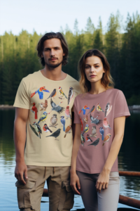 A Young Man and Young Woman Wearing Tracy's Vintage Birds Design - T-Shirts