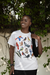 Young Woman Wearing Tracy's Vintage Birds Design - T-Shirt